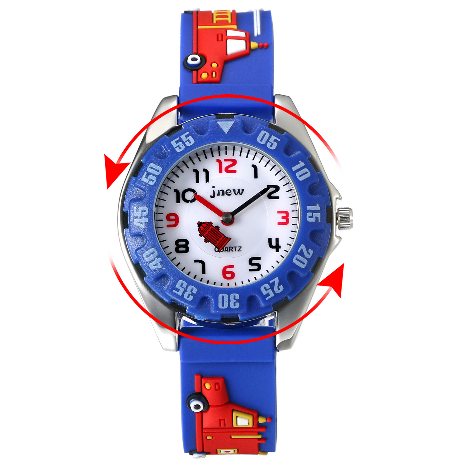 Children Rotatable Bezel Watch 3D Cute Kids Boy Fire Truck Strap Blue Wristwatch