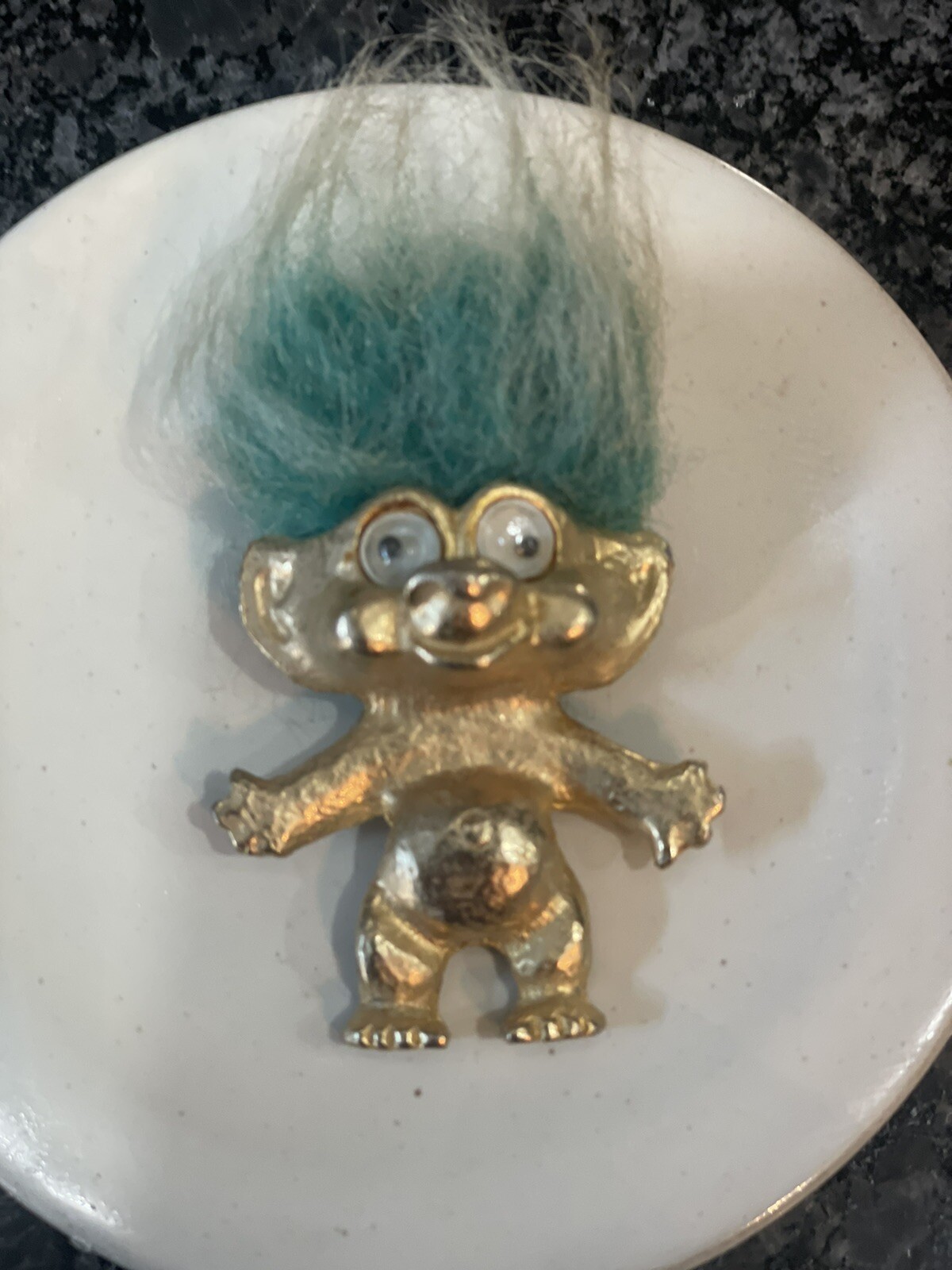 Rare Vintage 1963 Pan Gold Tone Troll Turqouise Hair 28.5 grams Brooch Stamped