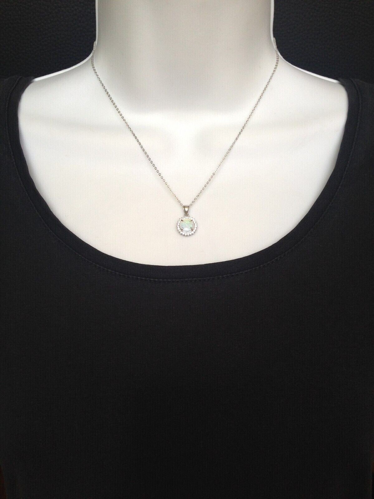 925 Sterling Silver White Opal Halo Round Pendant Necklace Women 10mm(7.8mm)