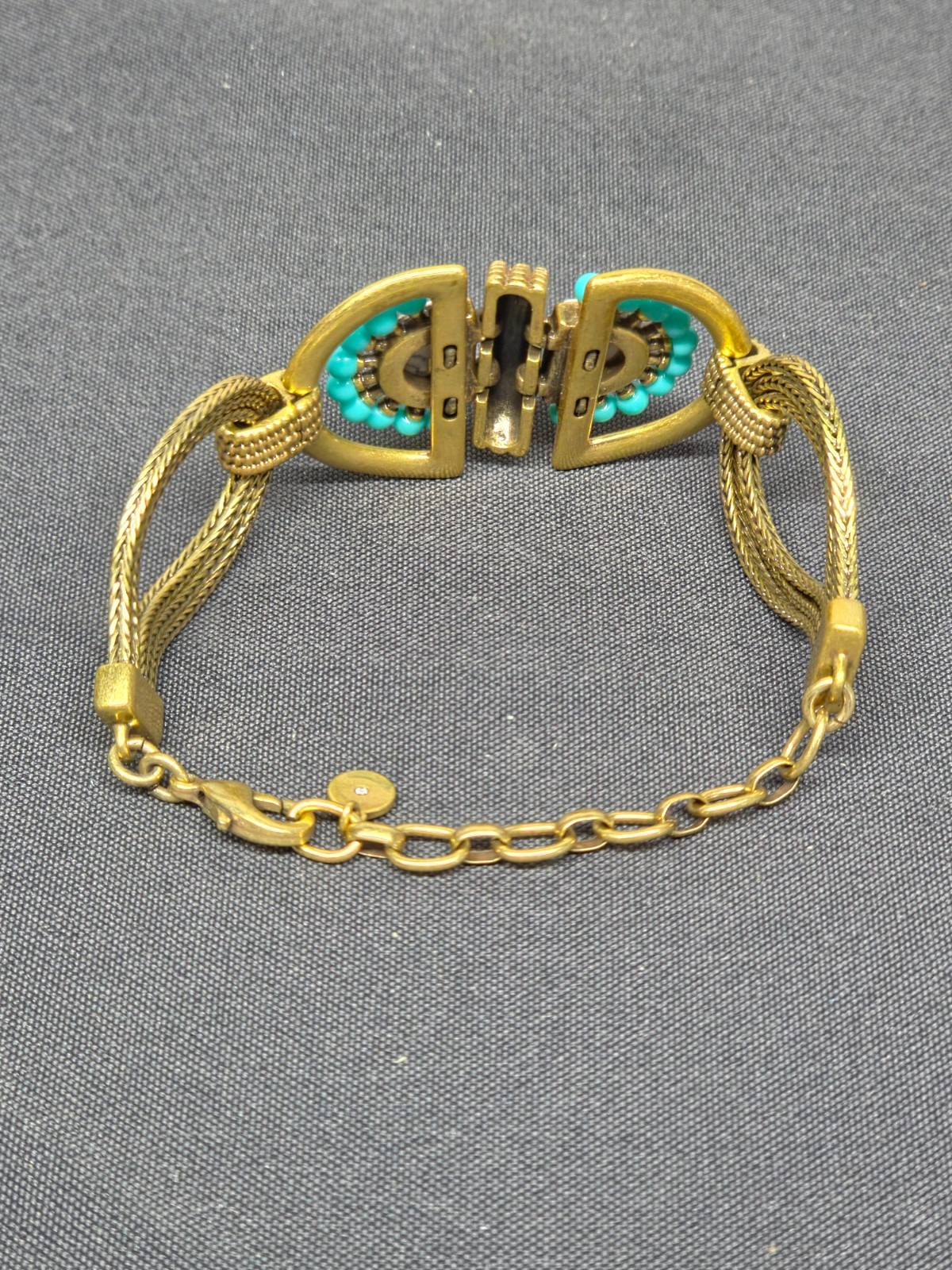 Stella Dot Boho Bracelet Antique Bronze Mesh Turquoise White Stone Adj 5.75-8″
