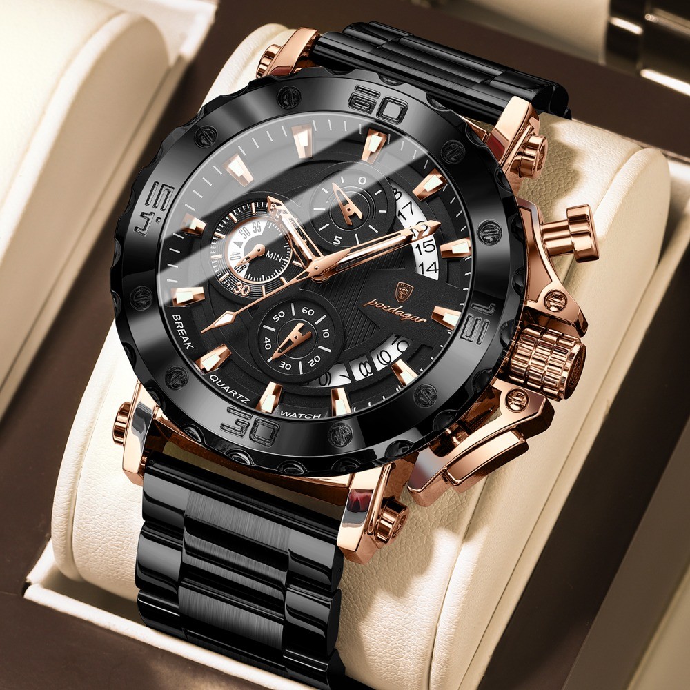 POEDAGAR Luxury Men’s Calendar Luminous Waterproof Stainless Steel Quartz Watch