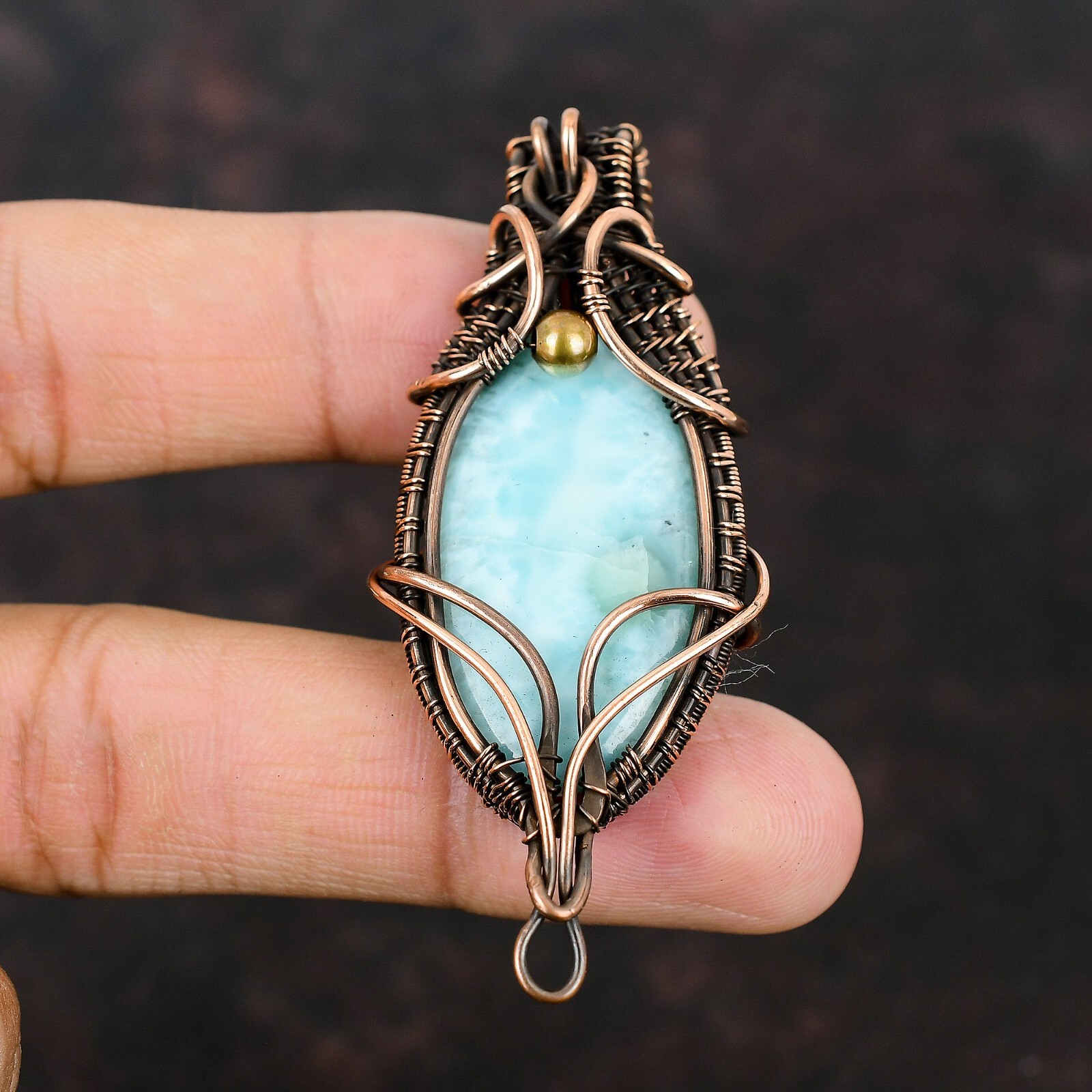 Larimar Gemstone Jewelry Copper Gift For Bridesmaid Wire Wrapped Pendant 2.64″