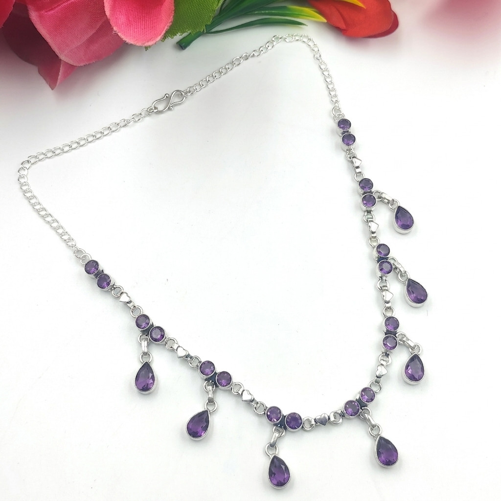 Purple Amethyst Gemstone Handmade 925 Sterling Silver Jewelry Necklace Sz-17-18″