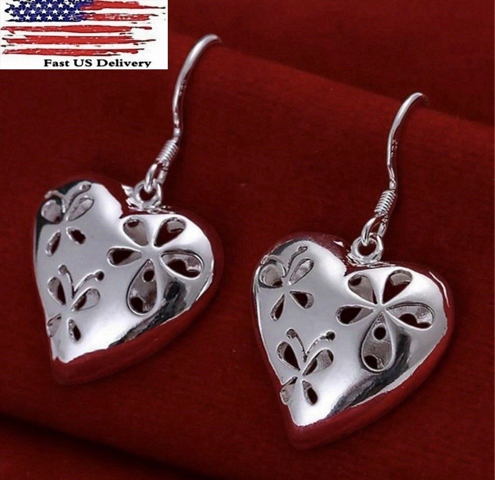 Women’s Silver Plated Heart Filigree Hook Earrings Gift US Seller A13