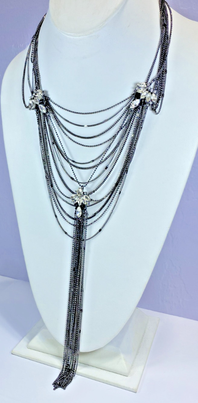 ABS by Allen Schwartz Crystal Hematite Tone Tassel Necklace, 17″ + 3″ ext, New