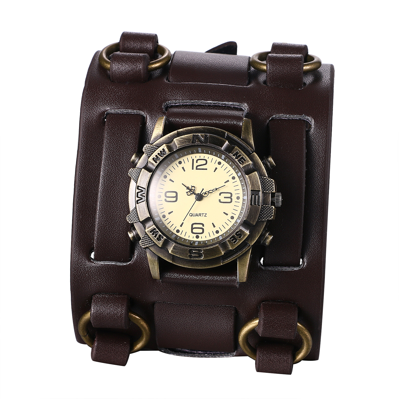 Mens Retro Punk Super Wide Genuine Leather Band Sport Wrist Watch Halloween Gift