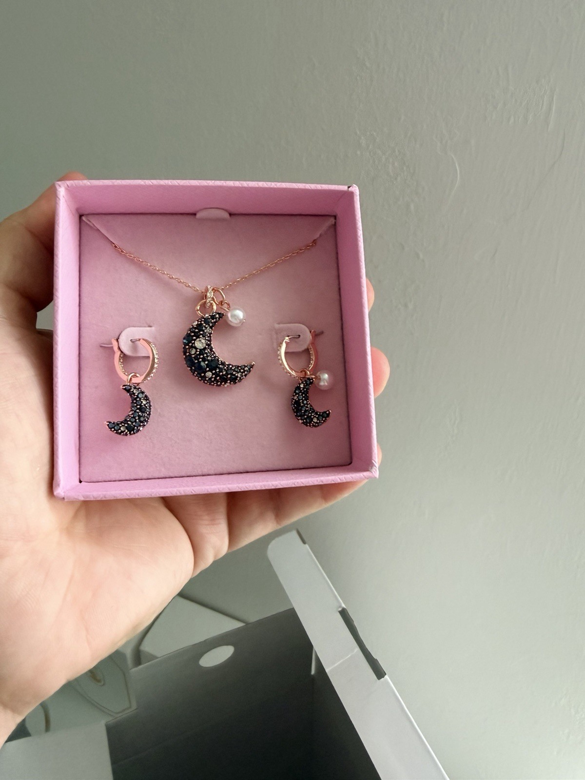 Swarovski Sublima Drop Earrings Asymmetrical Design, Moon, Rose Gold-Tone Plated