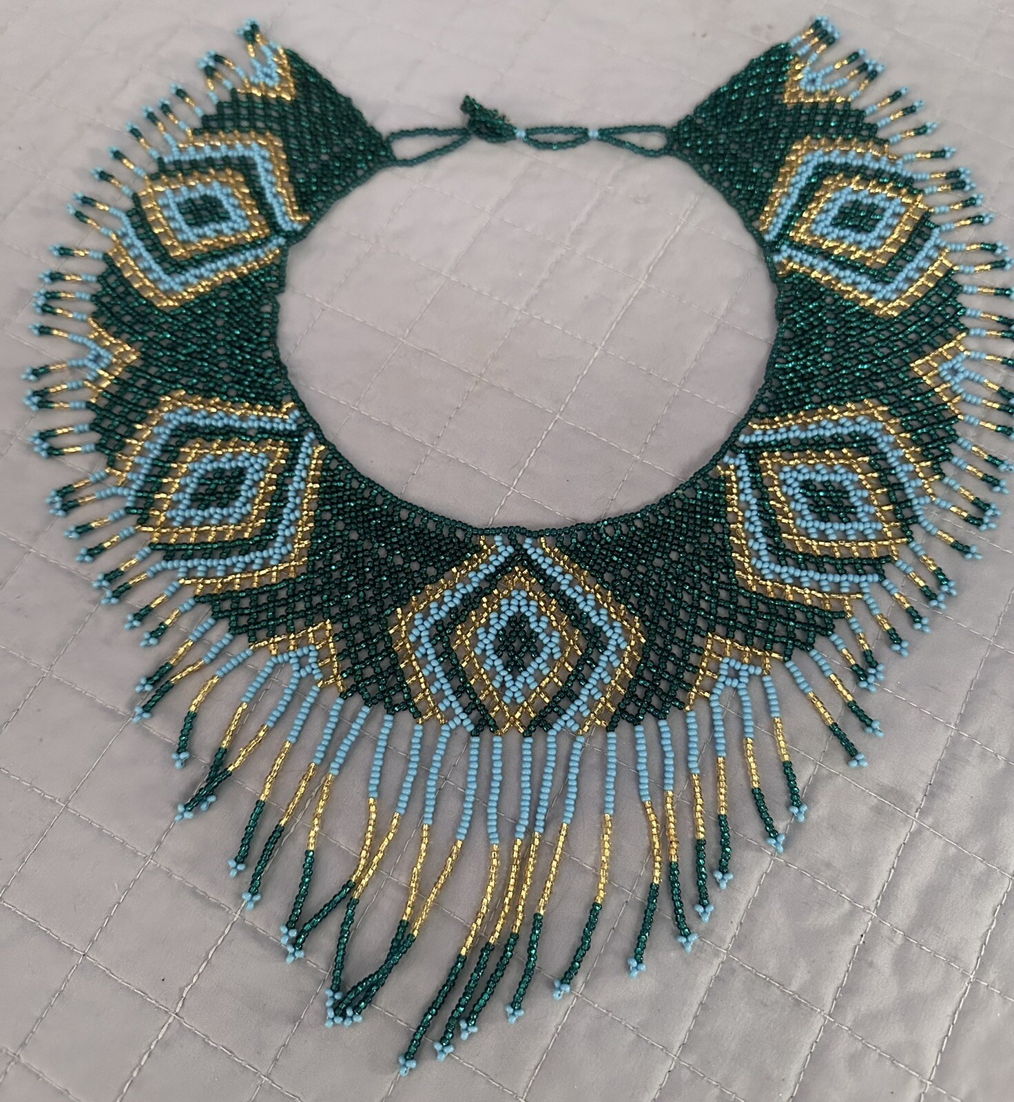 Vintage Bib Blue Green Gold Seed Bead Huichol Fringe Necklace See Desc