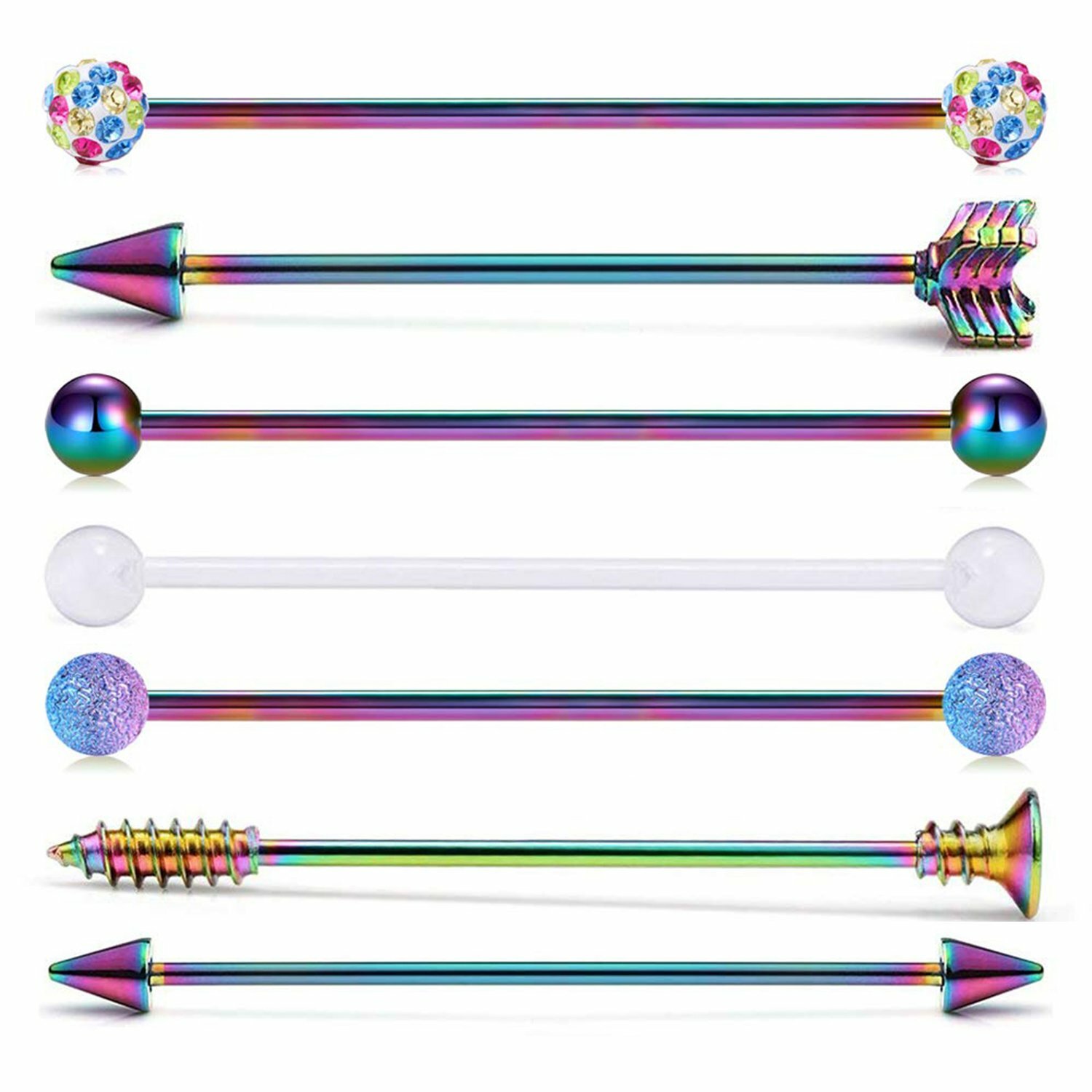 7PCS 14G 38mm Industrial Barbell Earrings Arrow Ear Cartilage Piercing Jewelry