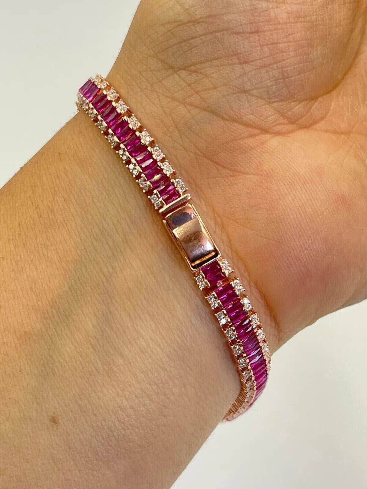 9Ct Baguette Cut Lab Created Ruby Diamond Tennis Bracelet 14K Yellow Gold Finish