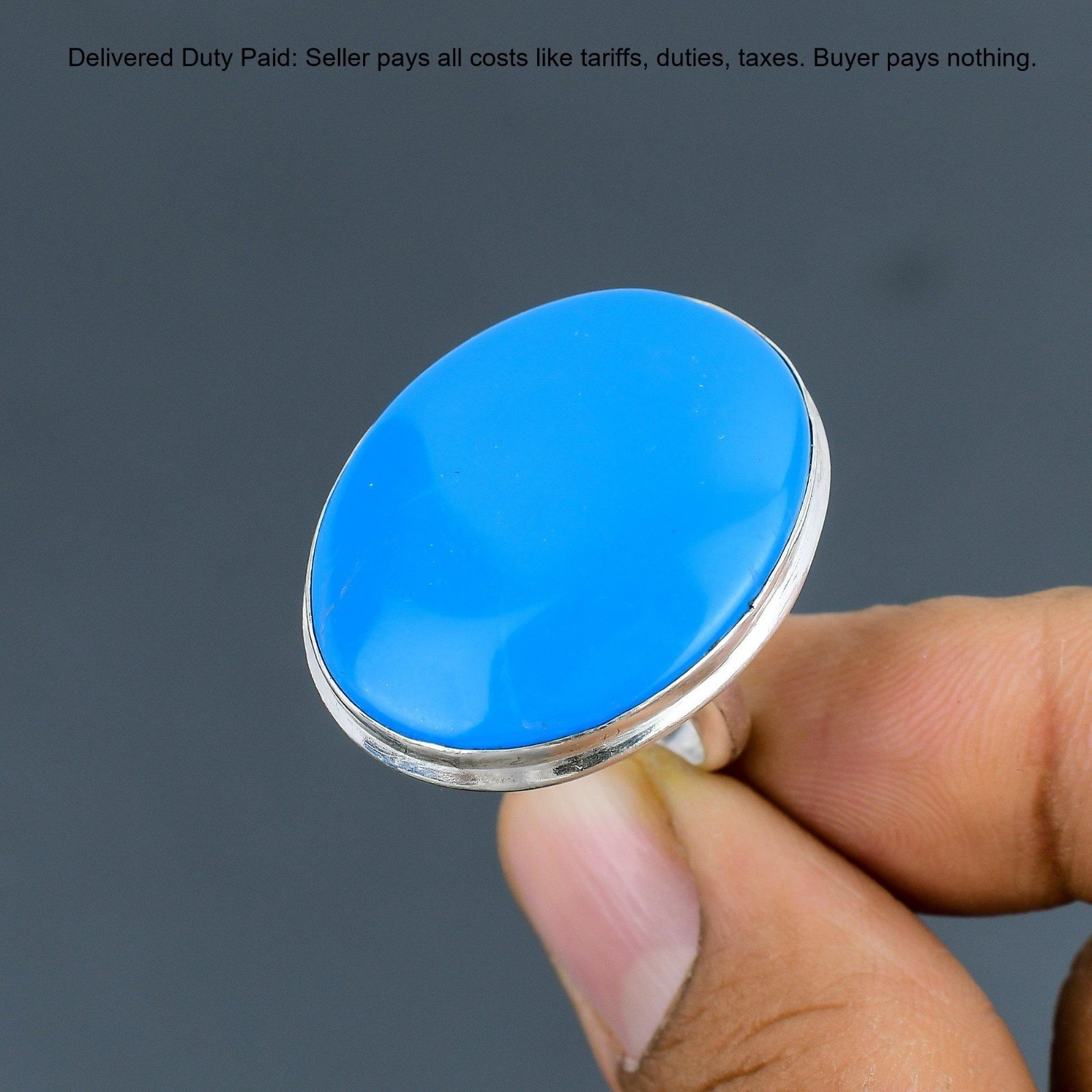 925 Sterling Silver Oval Sleeping Beauty Turquoise Stone Statement Bezel Ring