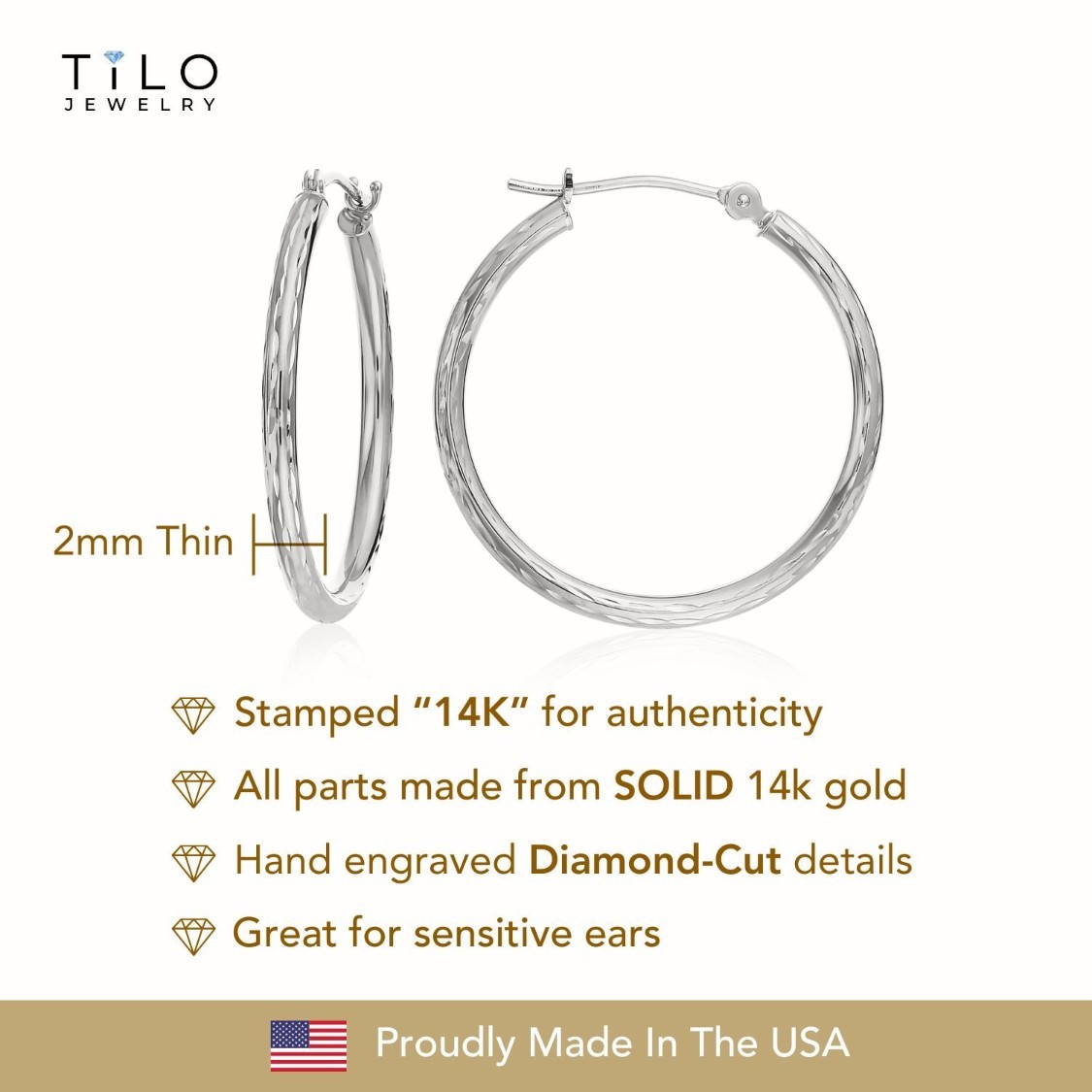 14K Solid White Gold Hand Engraved Full Diamond-Cut Round Hoop Earrings 11-35mm