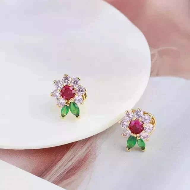 Round Cut Lab Created Red Ruby Women Flower Stud Earring 14K Yellow Gold Plated