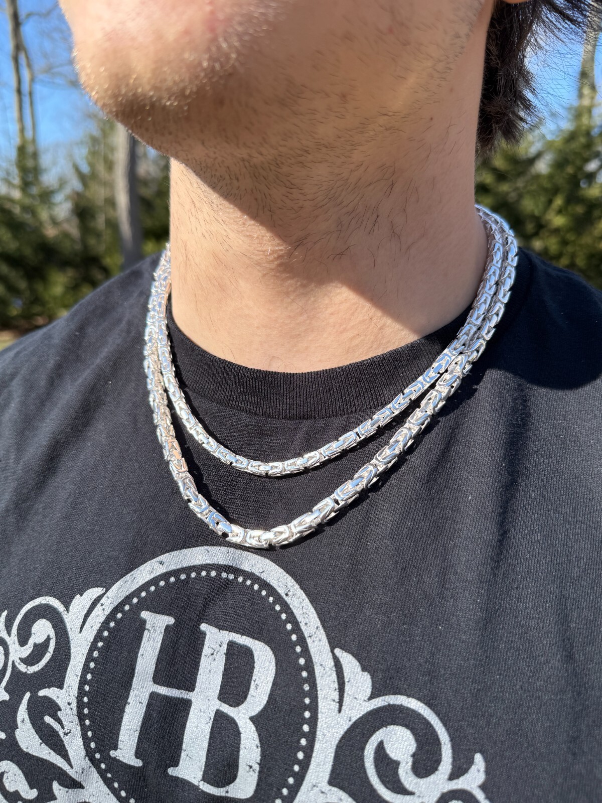 Real Solid 925 Silver Handmade Byzantine Chain Mens Necklace 5mm-10mm Box Clasp
