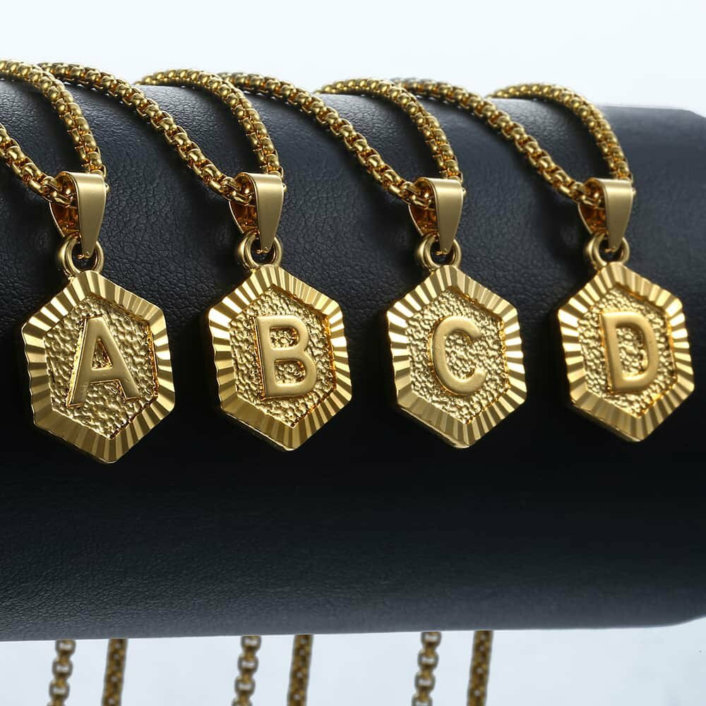 Hexagon A-Z Gold Plated 14k Initial Letter Pendant Necklace Unisex Mens Womens