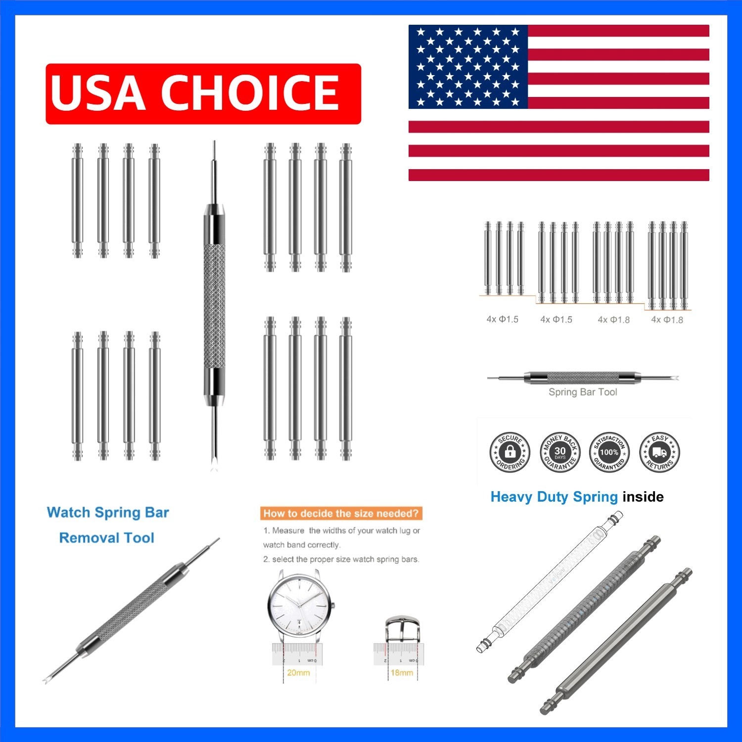 Watch Band Pins Spring Bars Tool Kit, 1.5mm & 1.8mm Thickness | Heavy Duty, C…