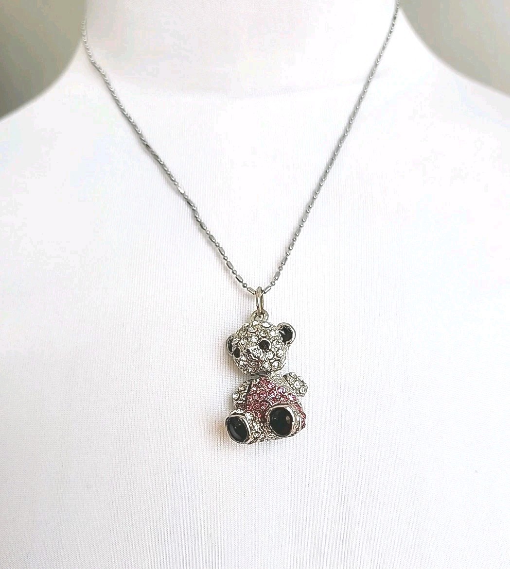 Silver Toned Teddy Bear Chrystal Pendant Necklace With Moving Head Pink White S