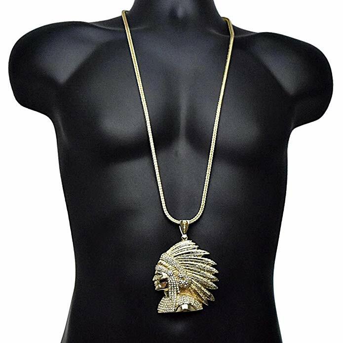 14k Gold Plated Big Apache Indian Chief Simulated CZ Pendant Franco Chain 36″
