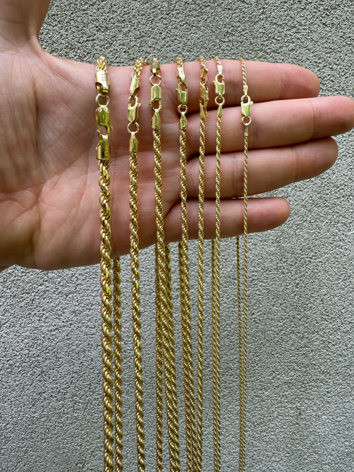 Cadena Rope de Plata 925 con Baño de Oro 14k para Hombre y Mujer 1.5-5mm