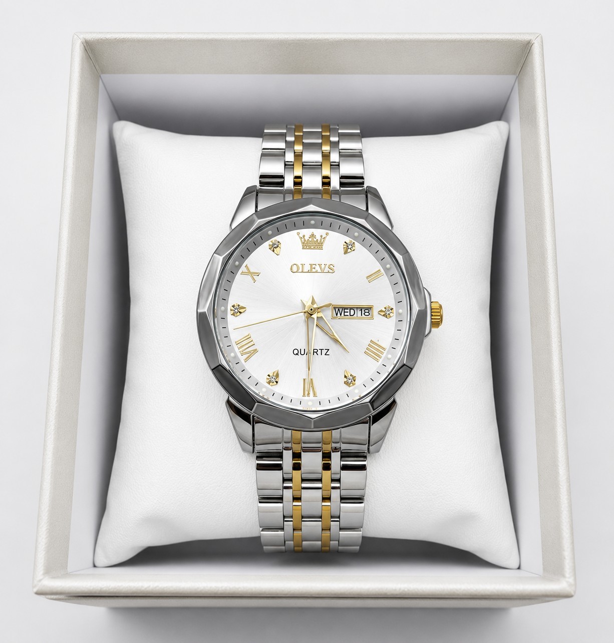 OLEVS Men’s Quartz Watch White Sunburst Dial Two-Tone Stainless Steel Day Date
