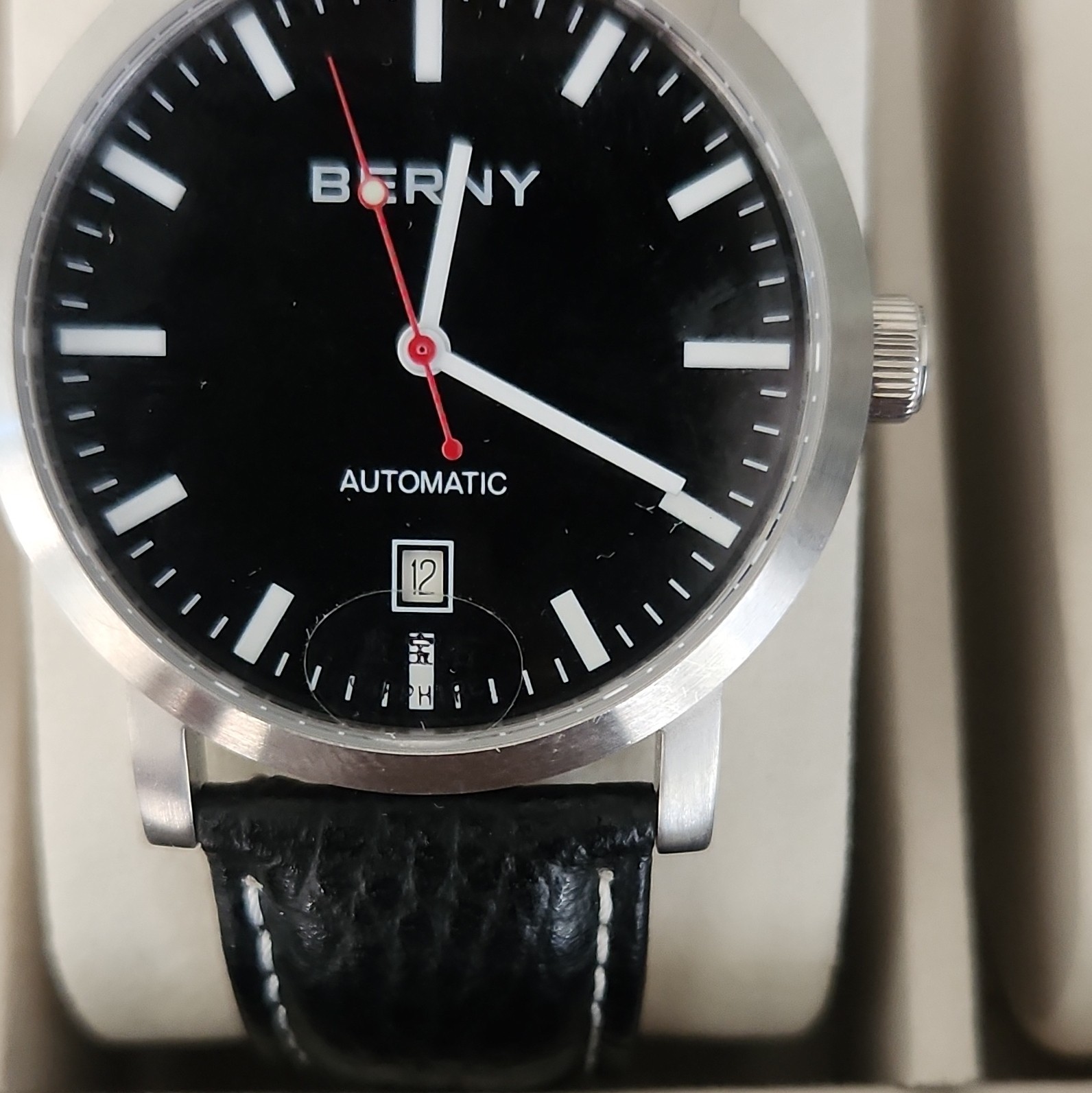BERNY Automatic Black Dial Date Exhibition Back Steel Case Black Leather Strap
