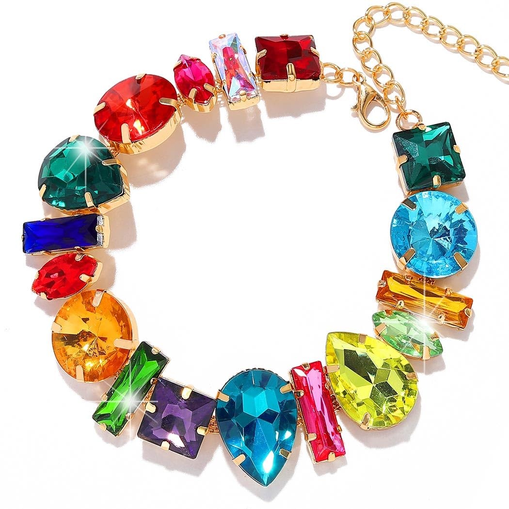 JEAIRTS Colorful Crystal Choker Necklace Rainbow Rhinestone Statement Collar …