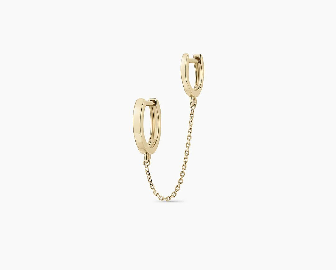 Double Huggie Chain Gold Earrings 14K Yellow Gold Minimalist Party Wear Jewelry