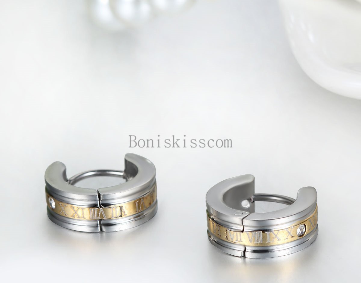 2Pcs Roman Numerals Engraved Stainless Steel Men’s Hinged Hoop Snap on Earrings