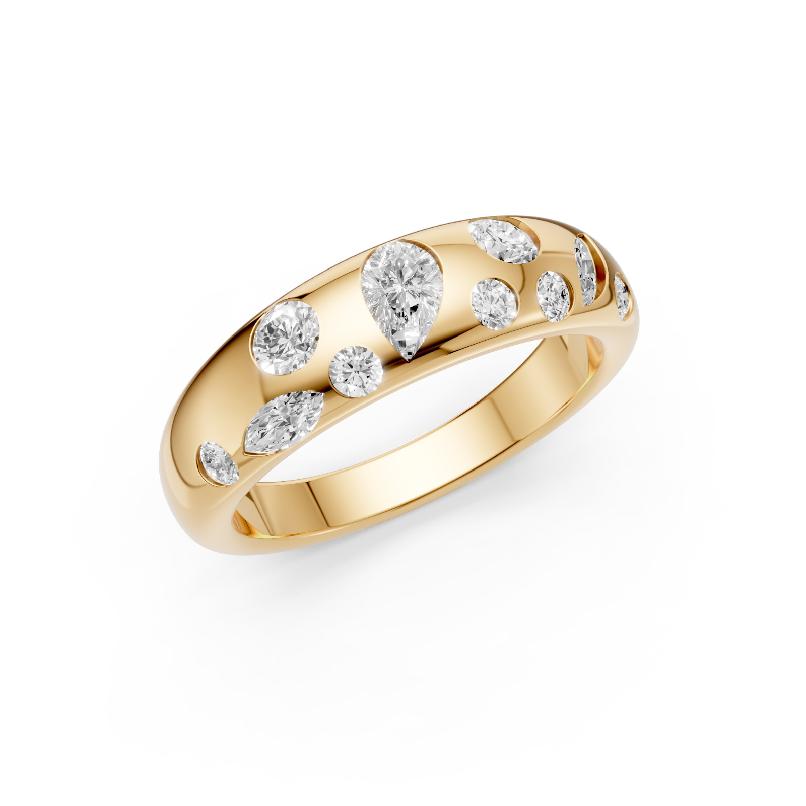 Multi Shape Lab Grown Diamond Flush Set Comfort Fit Gold Band In 14K Solid Gold