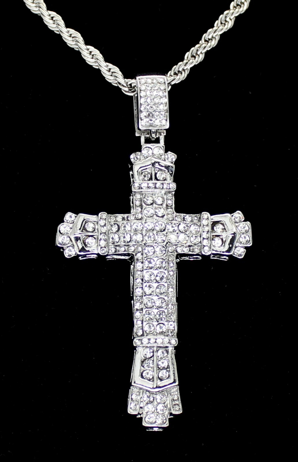 Mens Large Icy CZ Cross Pendant White Gold Plated 24″ Rope Hip Hop Necklace