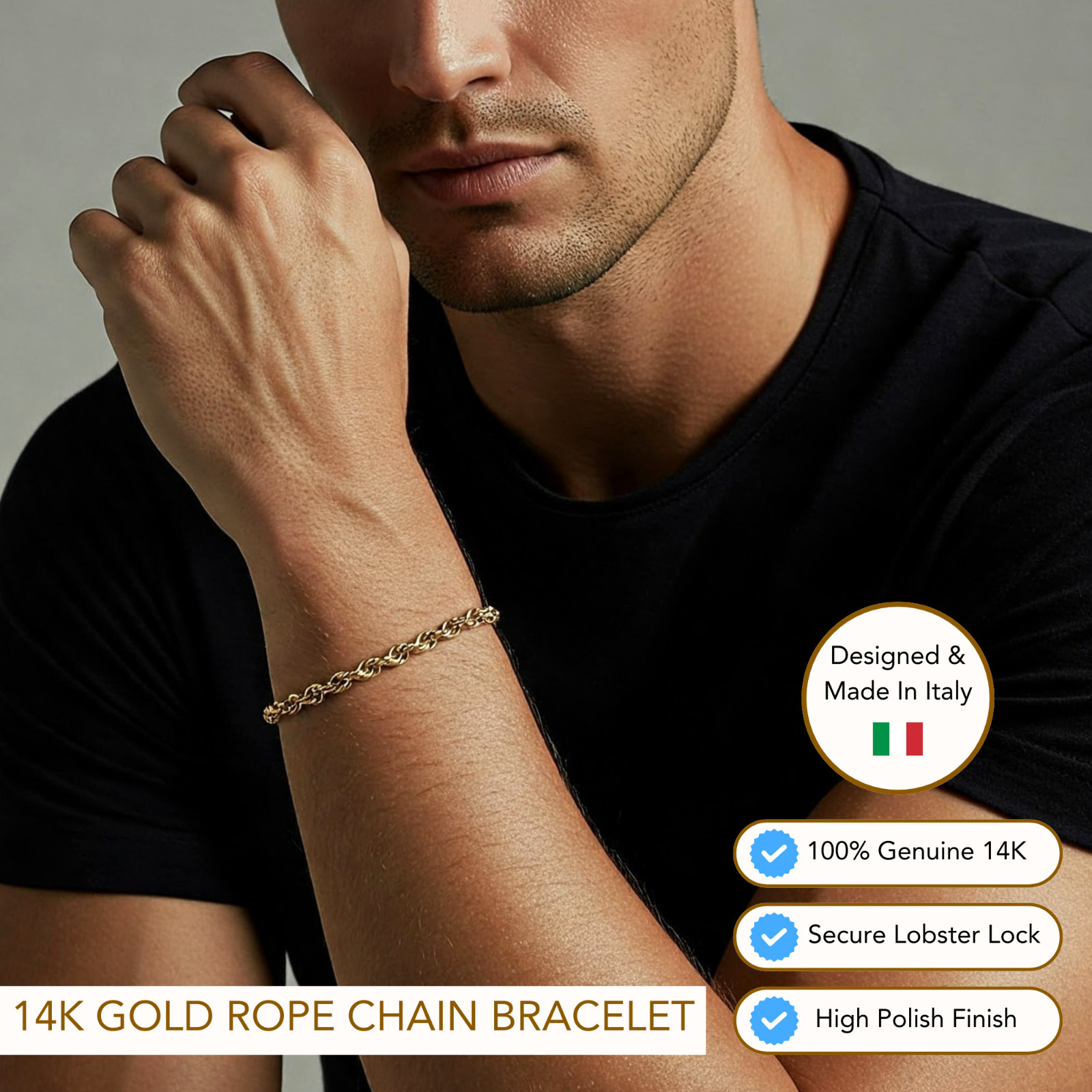 14K Real Solid Yellow Gold 2mm 3mm 4mm Rope Chain Italian Rope Bracelet 7.5″