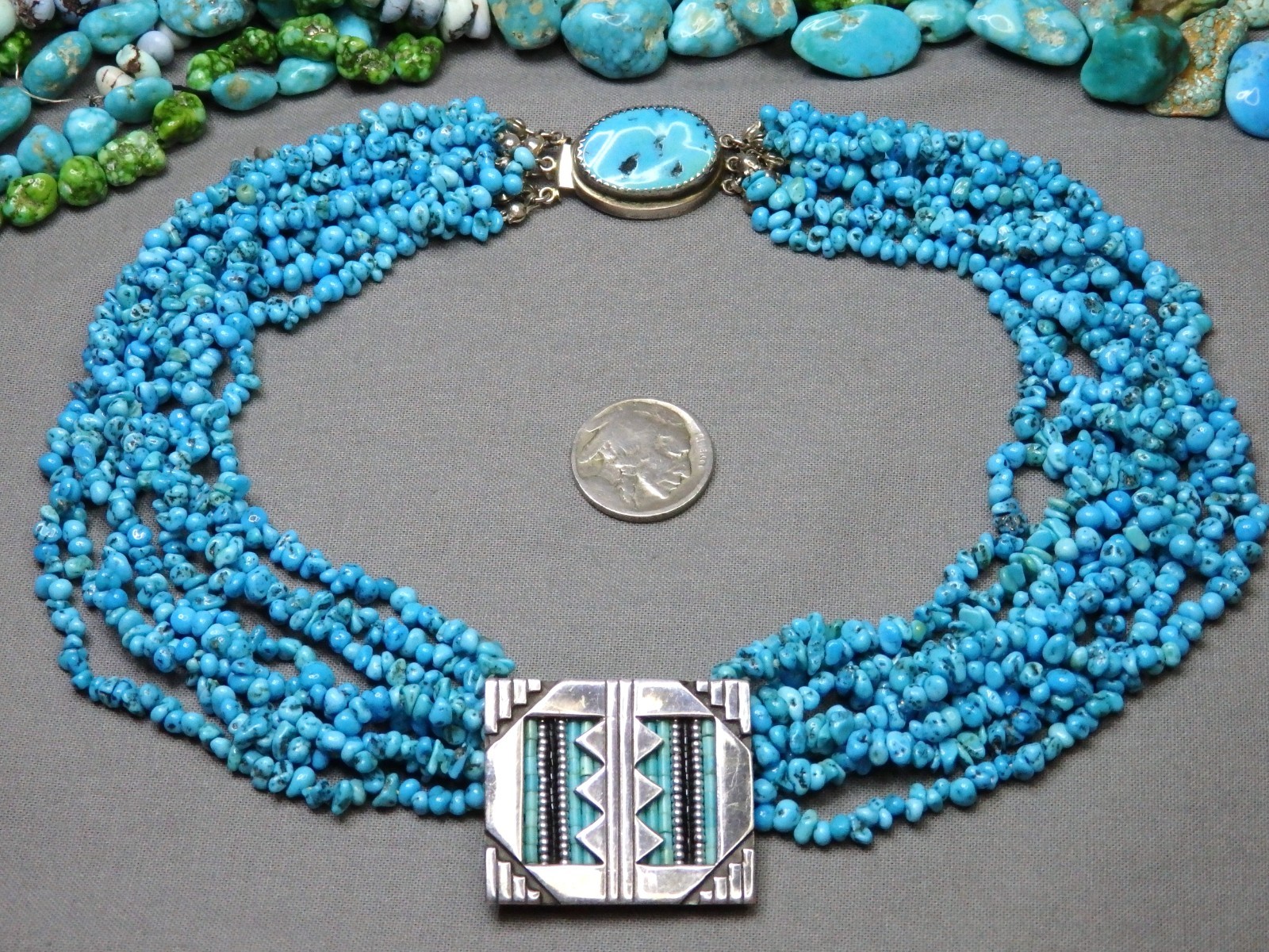 NATIVE AMERICAN Sleeping Beauty Turquoise Sterling Silver 8 Strand 18″ Necklace