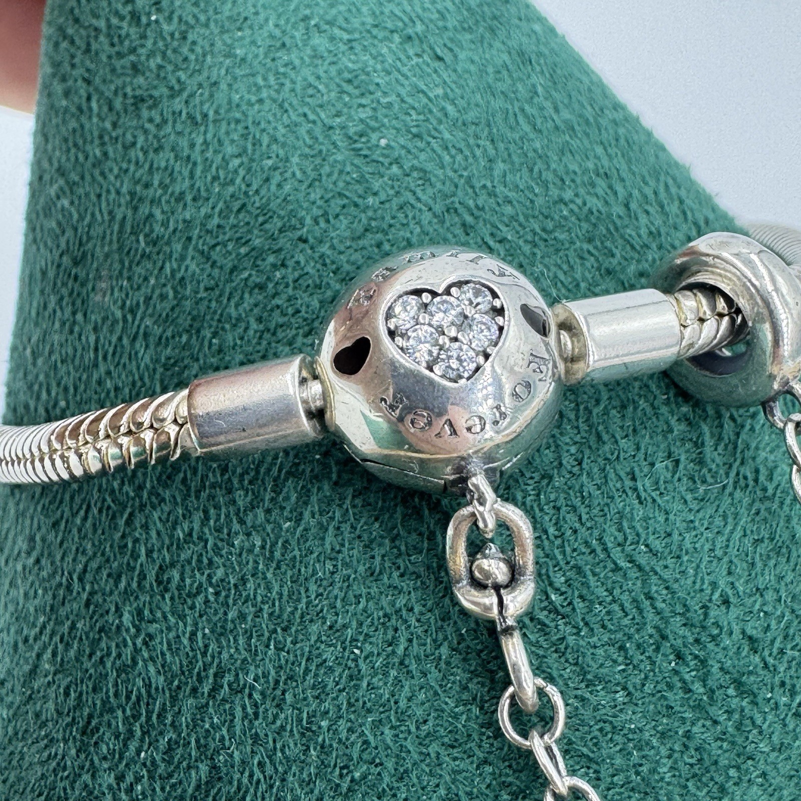 925 Sterling Silver Charm Bracelet Family Forever Crystal Heart Snake Chain