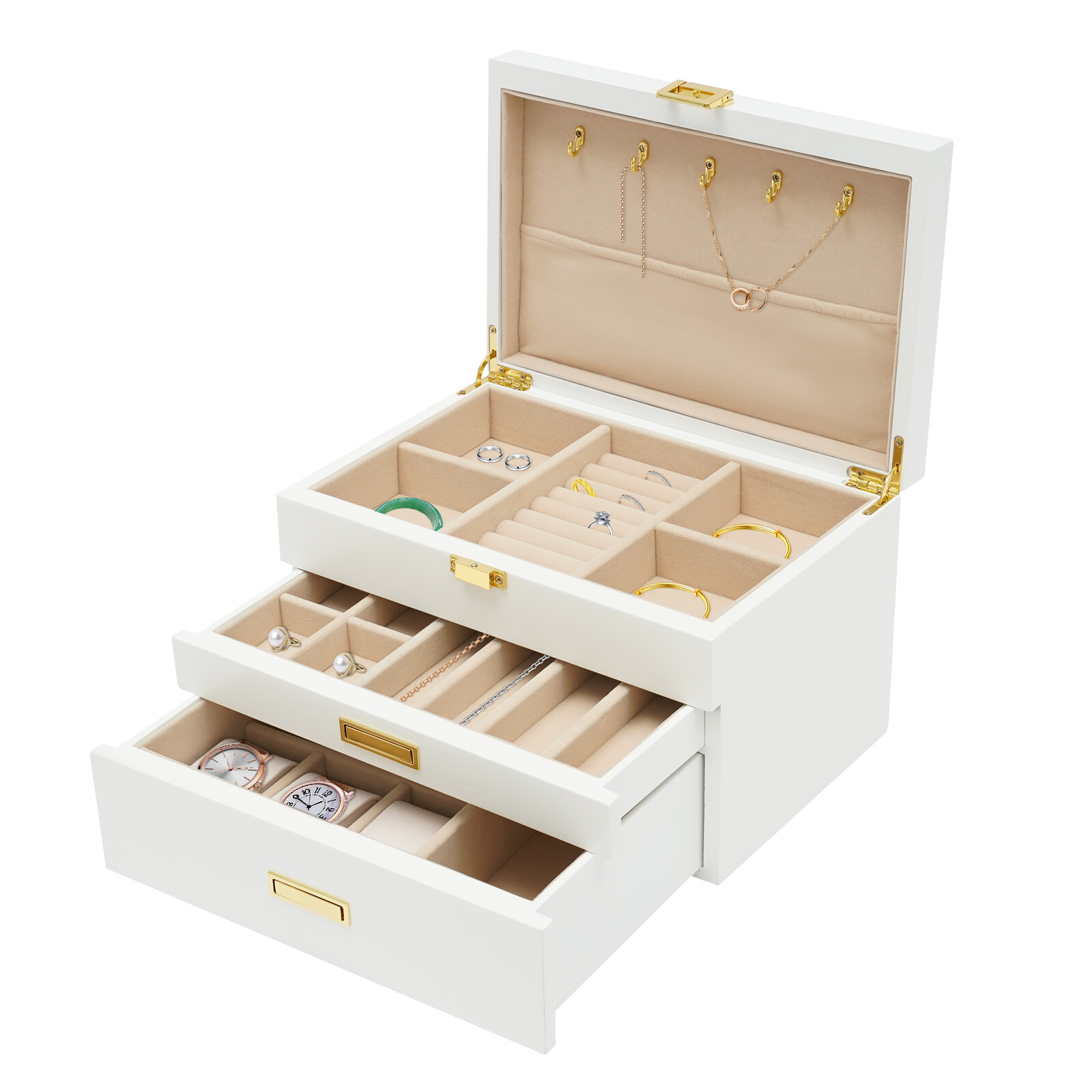 Jewelry Storage Box W/ Safe Lock 3 Layers Large Capacity Organizer with 2 Drawer