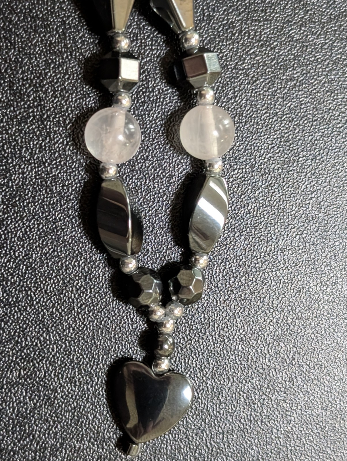 Hematite & Clear Quartz Heart Pendant Y Necklace + Bonus Cat’s Eye Bracelet Lot