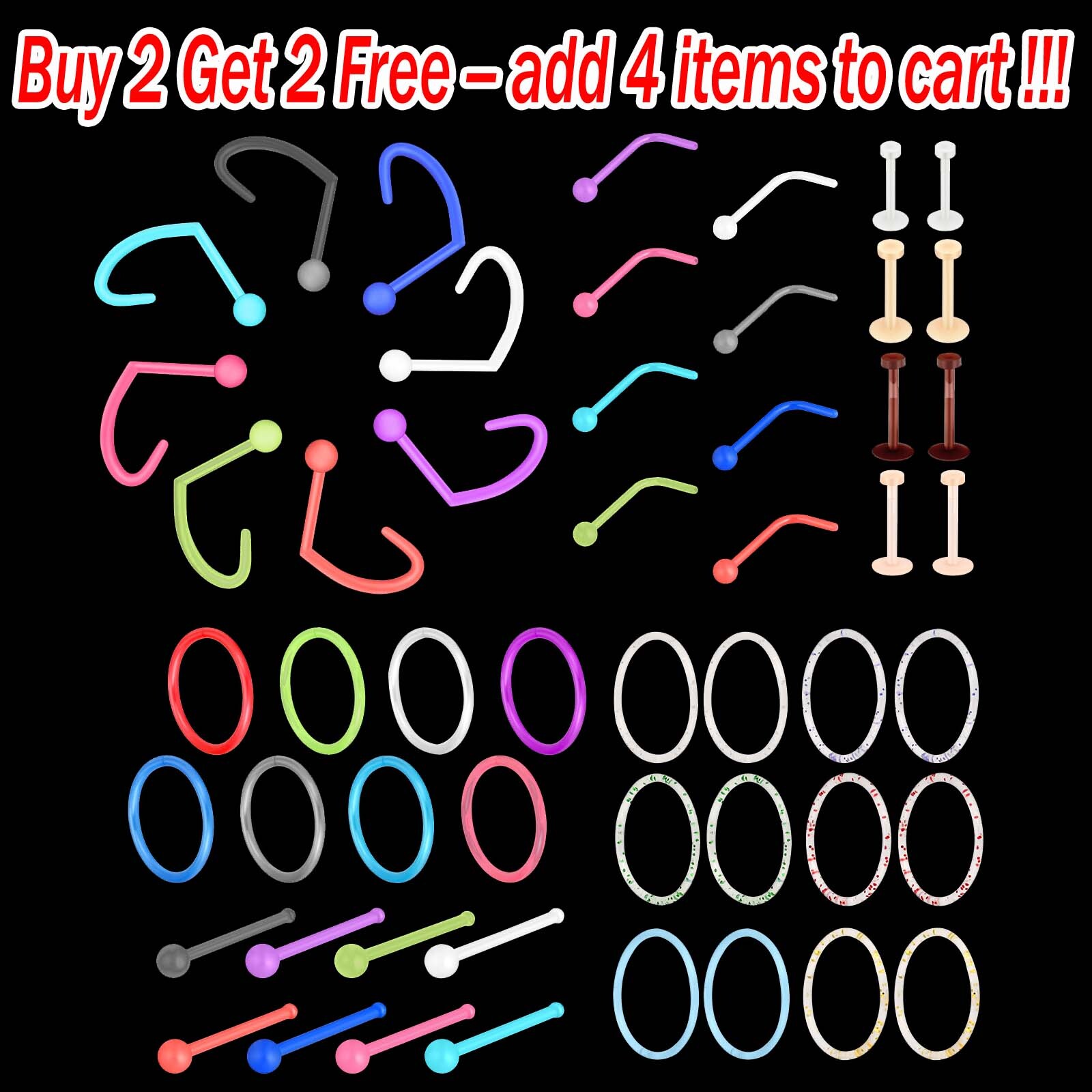 16G 20G Nose Ring Retainer 4-54PCS Colorful Acrylic Lip Ear Helix Nose Ring Stud