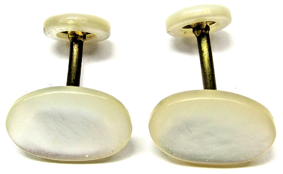 Vintage Mother of Pearl Oval Cufflinks Mid Century Fixed Link Brass Mens Wear