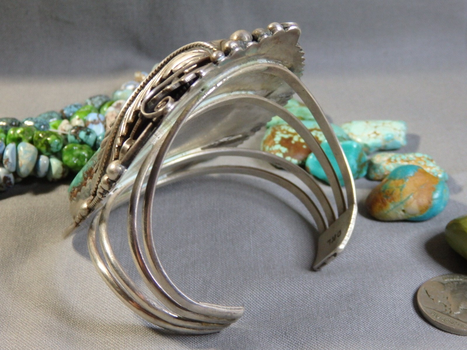 NAVAJO D. Lister KINGMAN TURQUOISE Sterling Silver SQUASH BLOSSOM 110g Bracelet