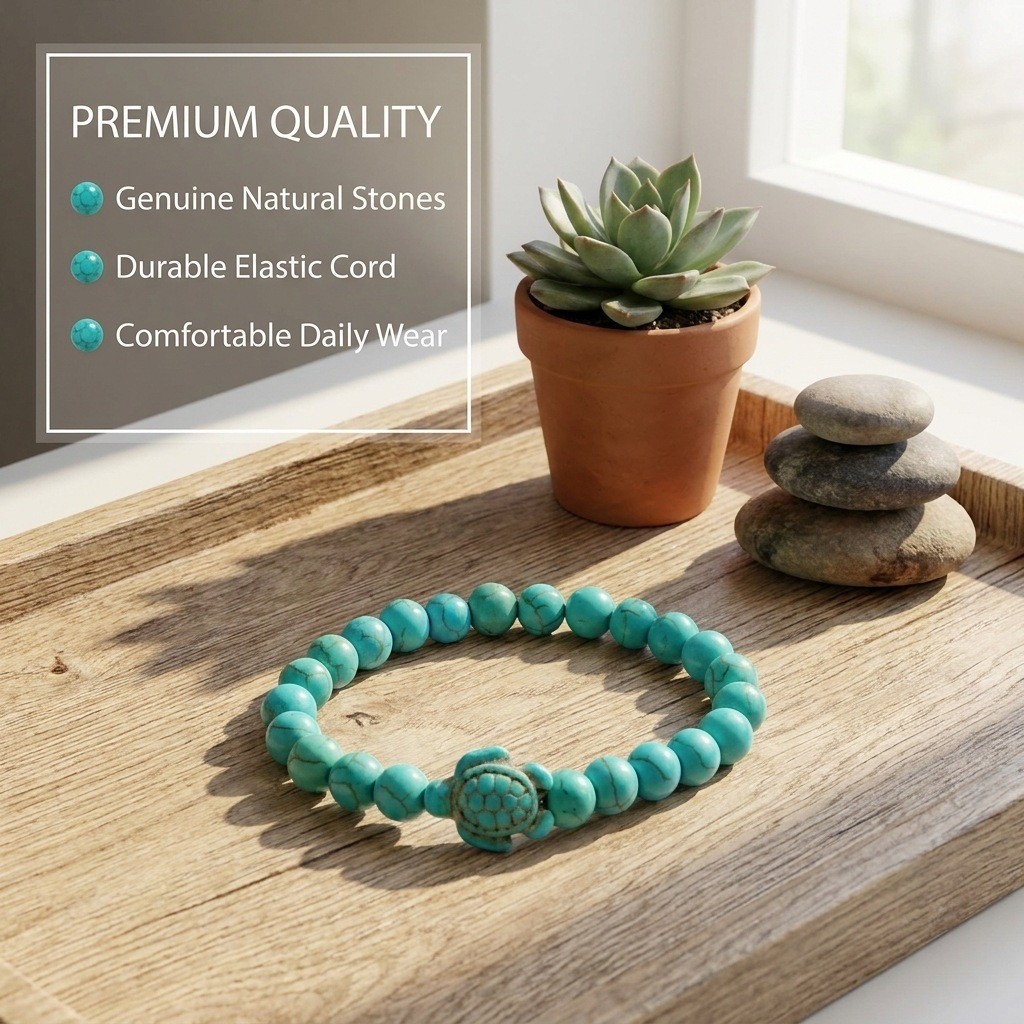 Natural Turquoise with Turtle Pendant—Stretchable Protective Bracelet for Women