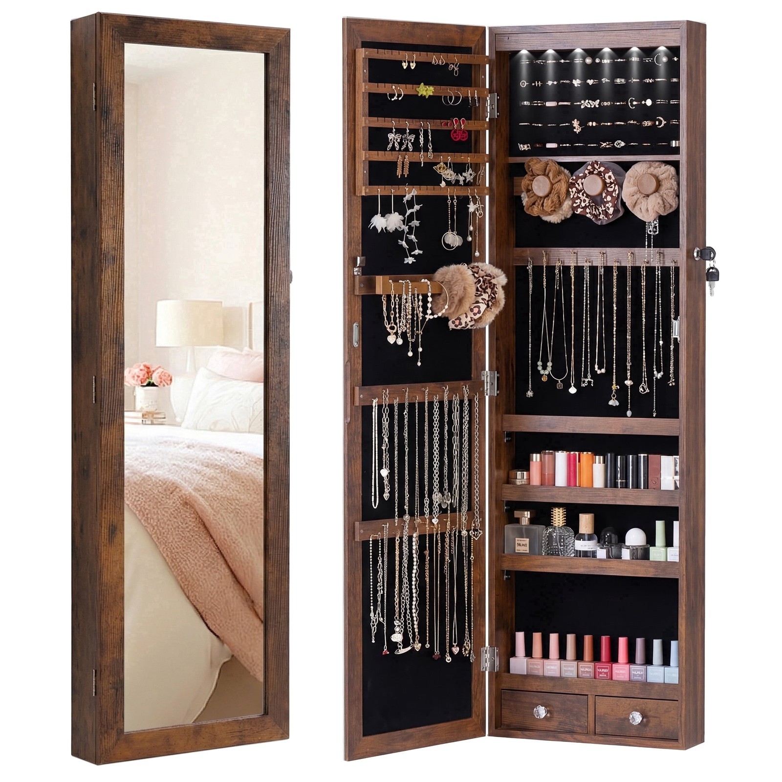 JHK Full Length Mirror Jewelry Cabinet w/ 6 LED Lights,Wall Mounted/Door Hanging