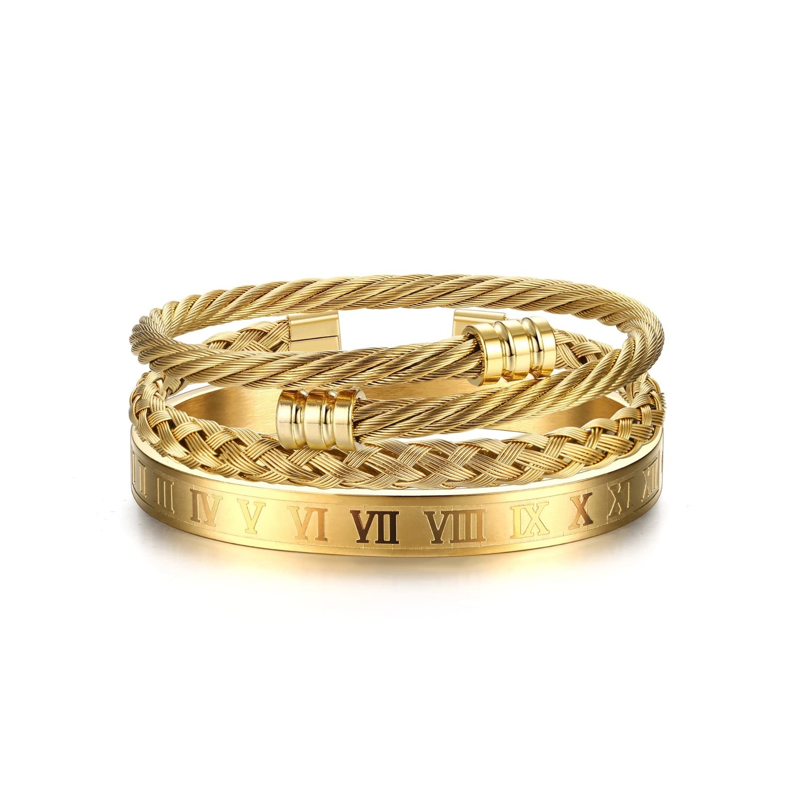 3Pcs Men’s Stainless Steel Adjustable Bracelets – Roman Numeral & Twisted Cable