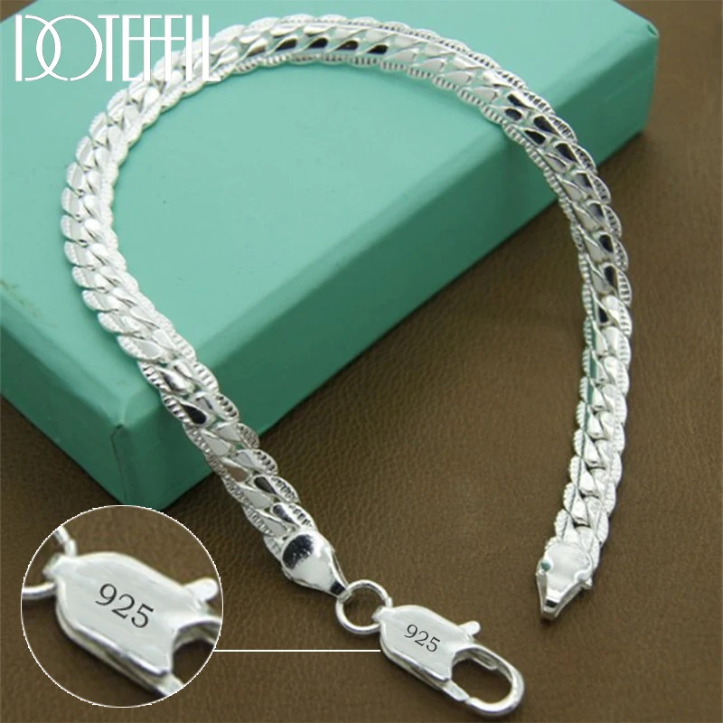 DOTEFFIL 925 Silver Bracelet 6mm 18/19/20cm Flat Side Chain Lobster Clasp