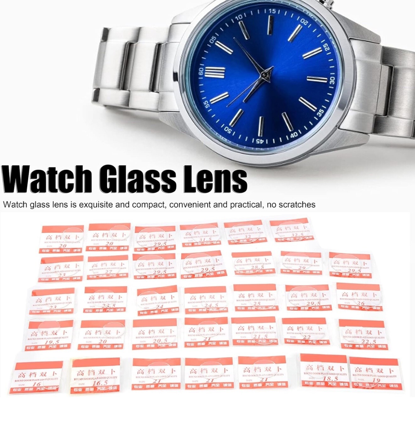 34PCS Watch Glass Lens Surface Concave Mineral Glass 16-32.5mm/0.6-1.3in
