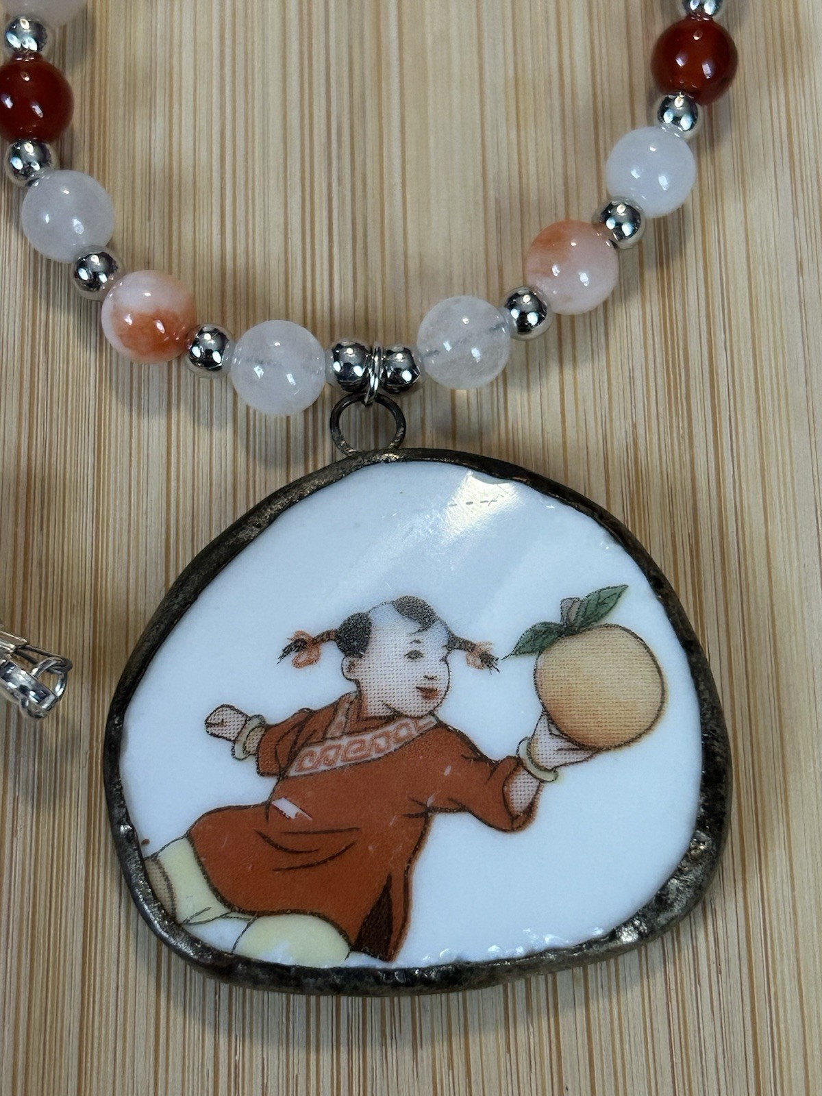 Handmade natural stone beaded necklace with vintage hand painted China pendant.