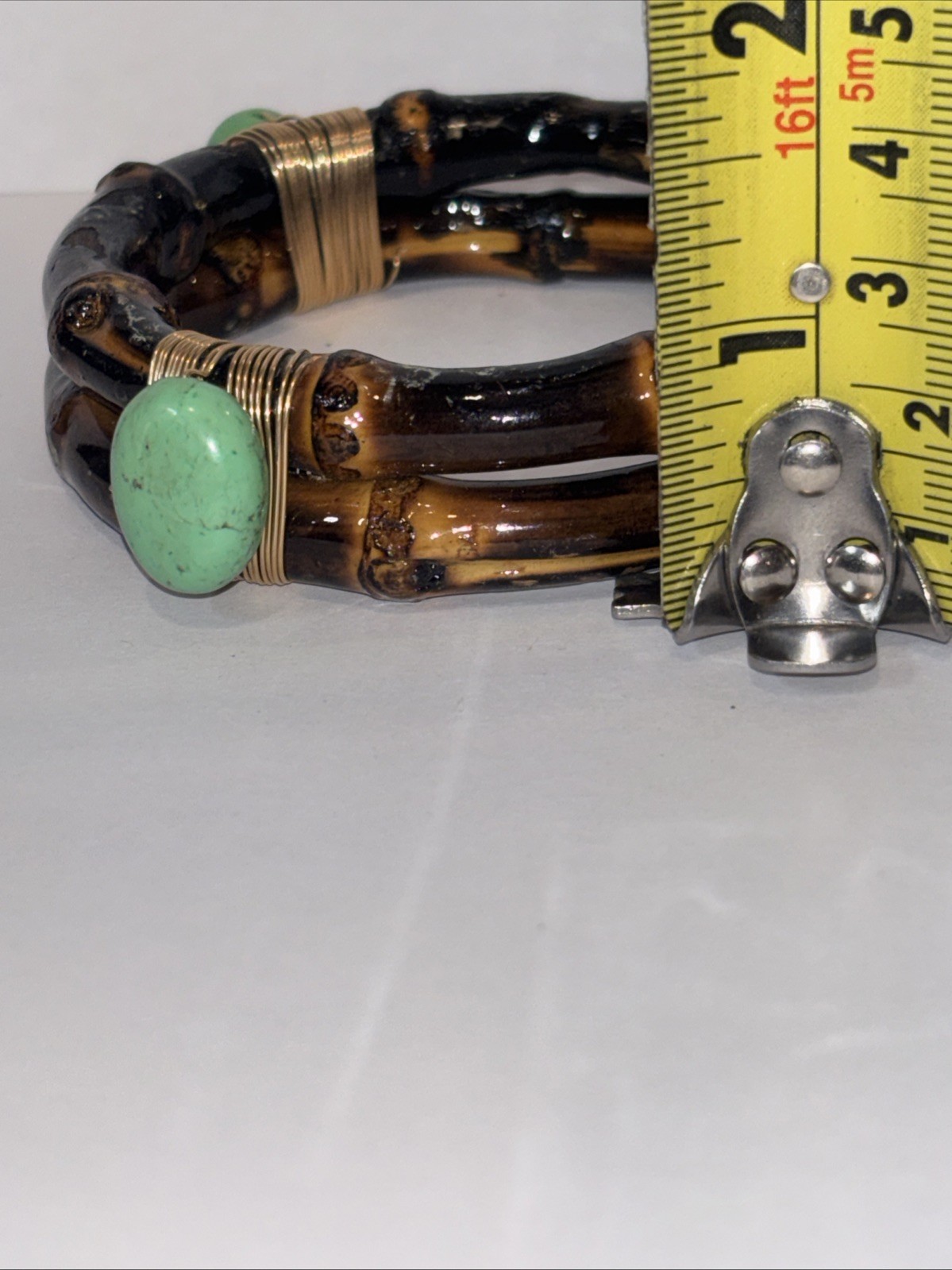 Tortoiseshell Look Bamboo Wrap Bracelet Green Cabochon Boho Statement Cuff
