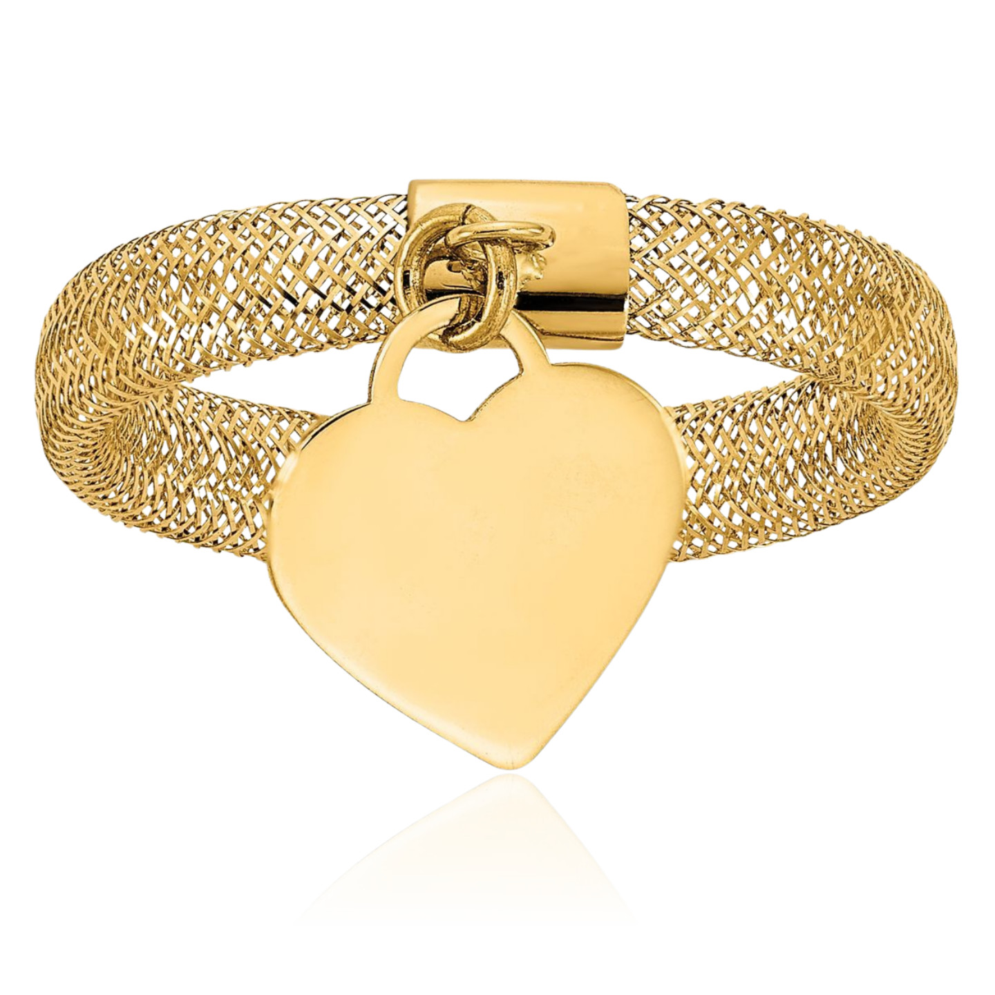 14K Solid Yellow Gold Woven Mesh Stretch Heart Charm Crisscross Band Twisted …
