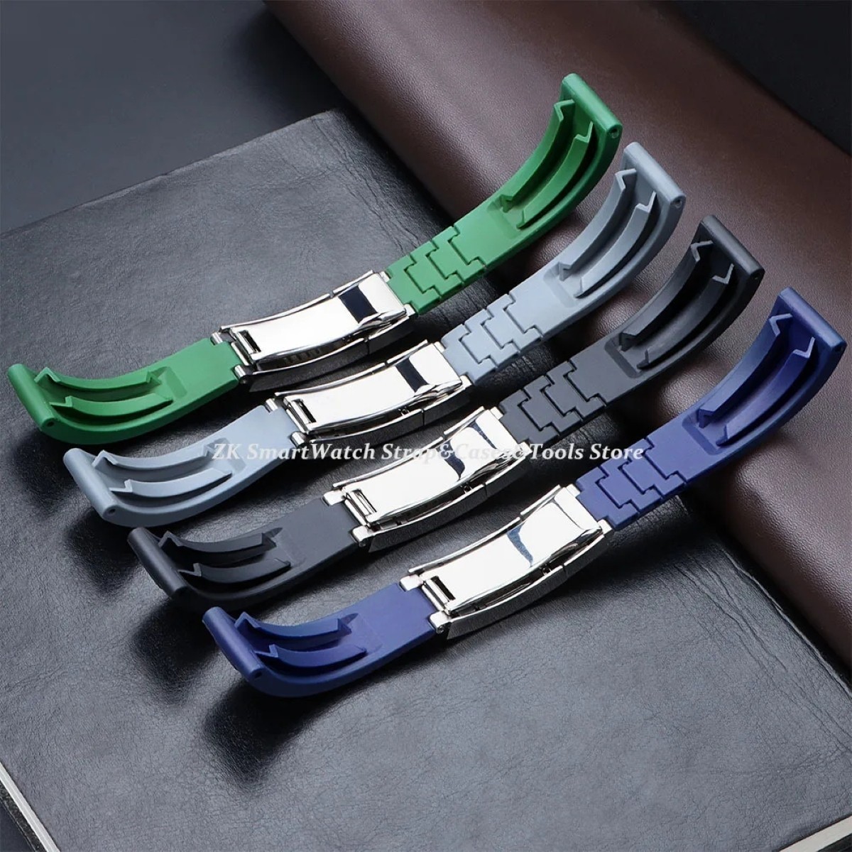 Silicone Rubber Watch Strap Stainless Steel Folding Buckle Black Wristband 20mm