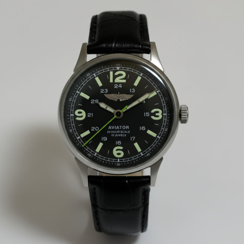 Vintage Aviator Raketa 24H Mechanical Men’s Watch Black Dial 19 Jewels USSR