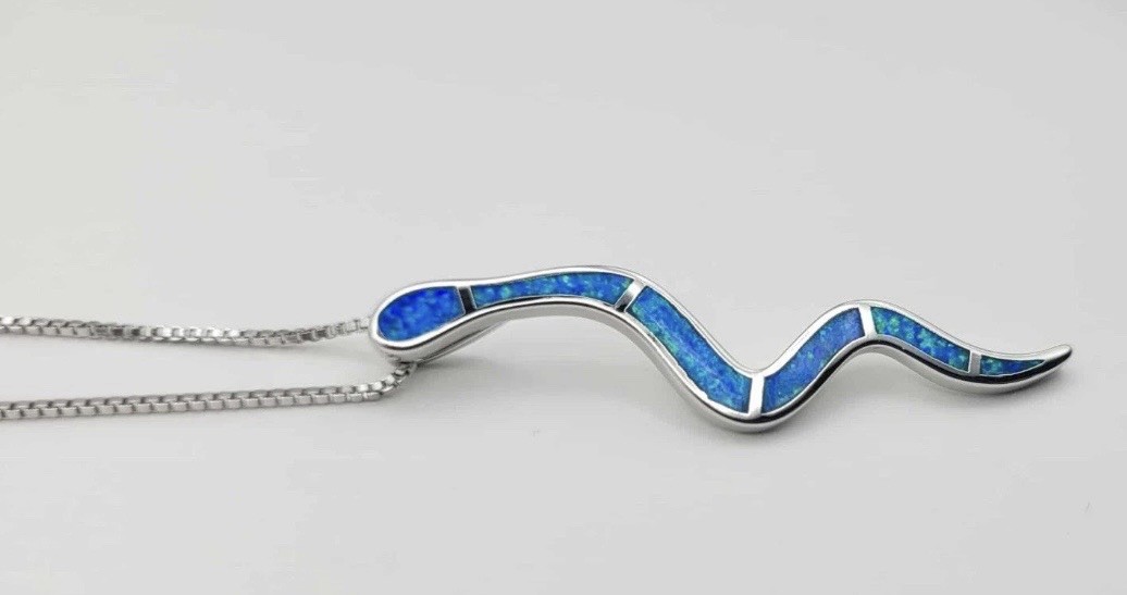 925 Sterling Silver Blue Opal Snake Necklace 17.7”