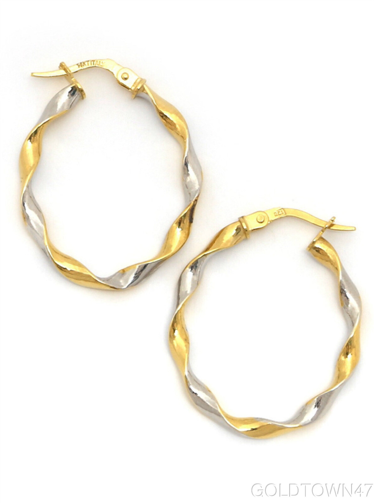 14K Yellow+White Gold Shiny Two Tone Twisted Large Oval Hoop Earring